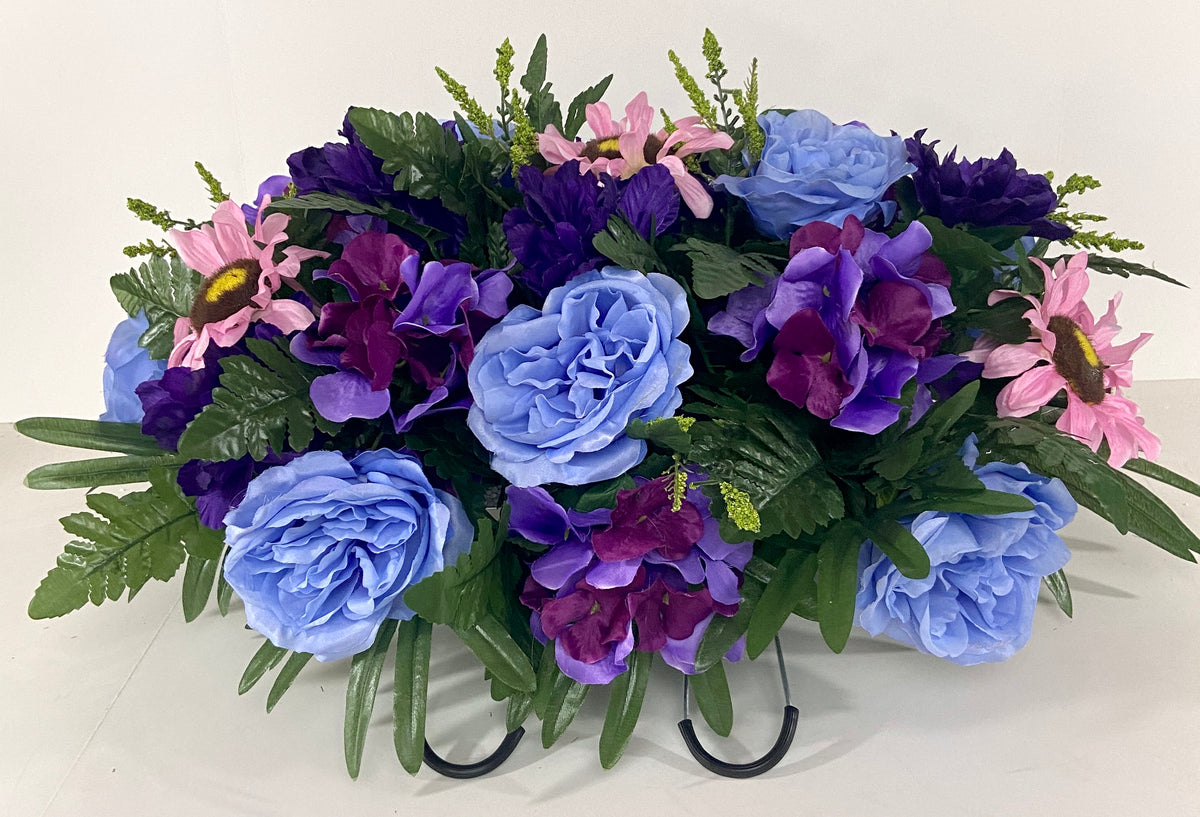 Purple Artificial Flowers for Cemetery with 2 Cone Vases, Small Bouquets  for Grave Decorations (8.6 x 13 Inches, 6 Bundles)