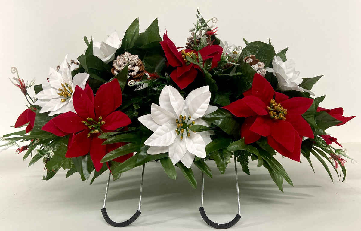 Red and White Poinsettia with Pine Cones Christmas Cemetery Headstone ...