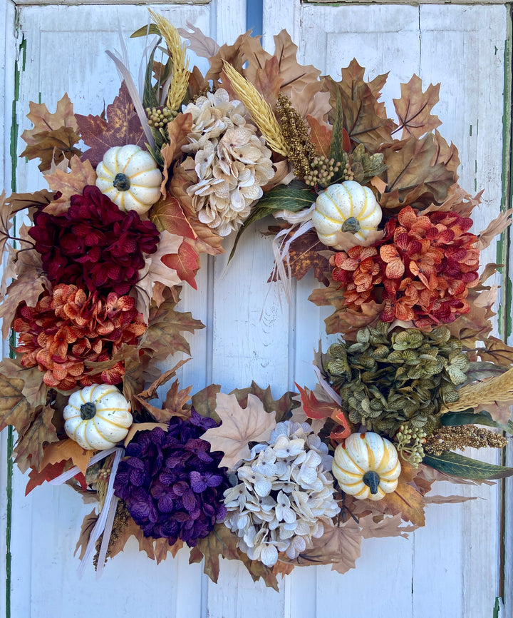 24 Inch Round Fall Mixed Hydrangea Wreath, Cream Pumpkins, Fall Leaves, Thanksgving Harvest decor