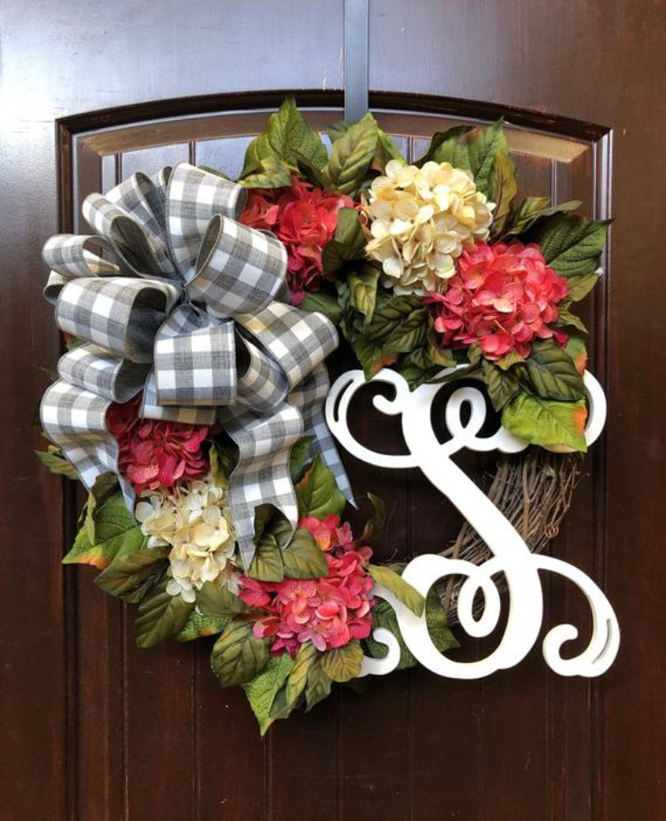 Custom Hydrangea Initial purchases Front Door Wreath with Choice of Bow