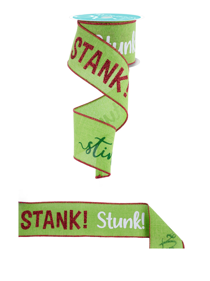 Stink! Stank! Stunk! Wired Christmas Ribbon for Wreaths, Bows, Crafts, and Decorations (Lime, Green, Red, White, 2.5