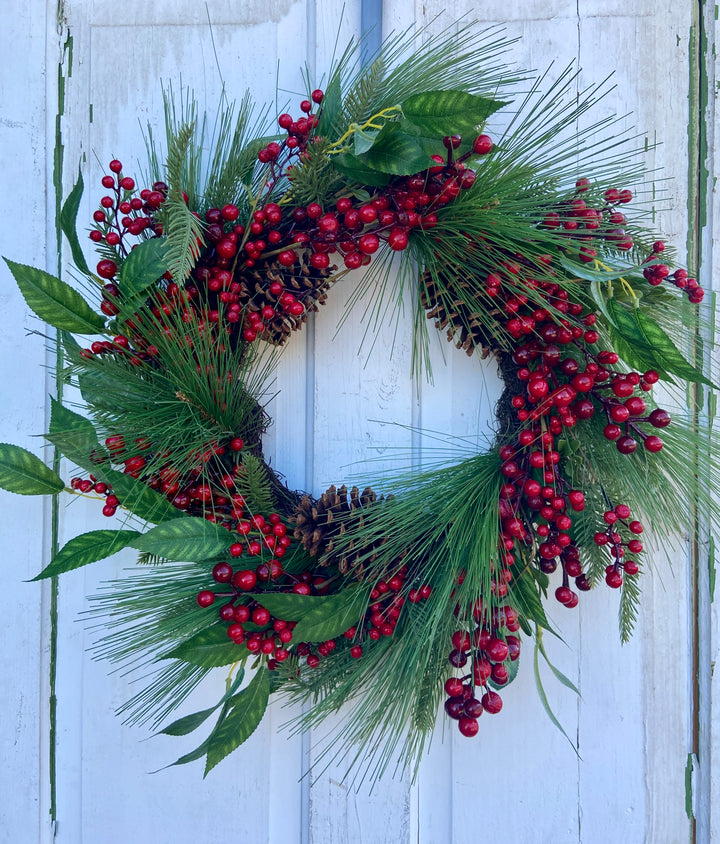 22 Inch Diameter Round Pine Branch, Red Berry, Pine Cone, Bay Leaf Christmas/Winter Wreath for Front Door