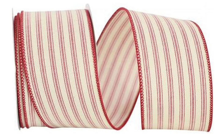 Reliant Ribbon Ticking Linen Stripe Wired Edge Ribbon, 2-1/2 Inch X 10 Yards, Red