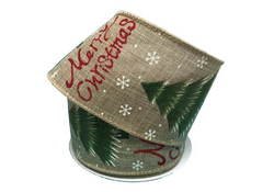 2.5"x10yd Glitter "Merry Christmas" with Snow and Tree Wired Edge Ribbon-Green, red, white