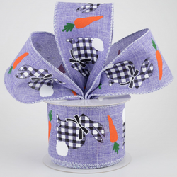 2.5" x 10yd Black and White Check with Bunnies and Carrot Wired Edge Ribbon-Lavender