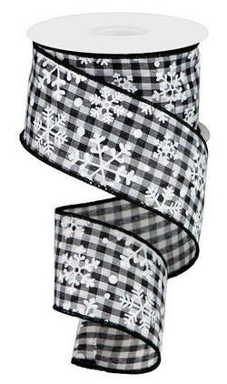 2.5" Snowflake Ribbon: Black & White Gingham Check (10 Yards) - Black White Christmas Halloween Wired Edge Ribbon