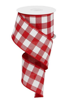 Plaid Check Wired Edge Ribbon - 10 Yards (Red, White, 2.5")