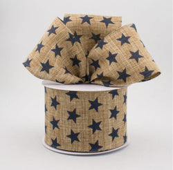 2.5" x 10yd Navy Blue Stars on Natural Patriotic Wired Edge Ribbon