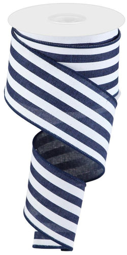 2.5" x 10 yd Navy Blue and White Vertical Stripe Wired Edge Ribbon