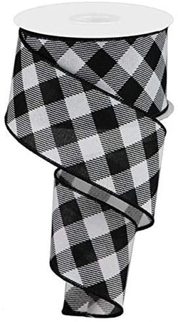 Diagonal Plaid Check Wired Edge Ribbon - 10 Yards (White, Black, 2.5")