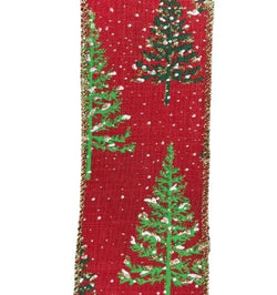 2.5" X 10yd Wired Snow Covered Tree Ribbon - Red, Emerald Green, Lime Green, White with Gold Glitter