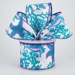 2.5"x10yd Sea Life Print Wired Edge Ribbon, Teal and Purple on White, Seahorse, Starfish, Coral