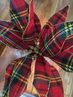 Plaid Poinsettia Stem with Gold Glitter trim