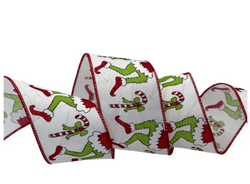 2.5"x50yd White Wired Edge Ribbon with Grinch Legs & Candy Canes