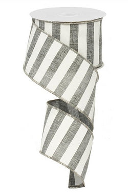 Horizontal Stripe Wired Edge Ribbon - 10 yards (Grey, 2.5")