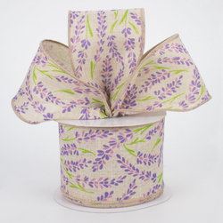 2.5"x10yd Lavender Print on Natural Wired Edge Ribbon