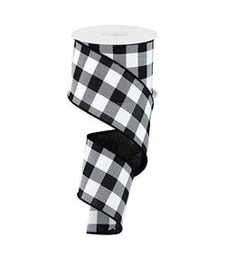 Plaid Check Wired Edge Ribbon - 10 Yards (Black, White, 2.5")