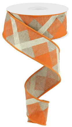 Plaid Canvas Wired Edge Ribbon, 10 Yards (Beige, Orange, Cream, 1.5")