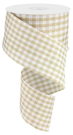 Gingham Check Wired Edge Ribbon, 2.5" x 10 Yards (Cream, Tan)