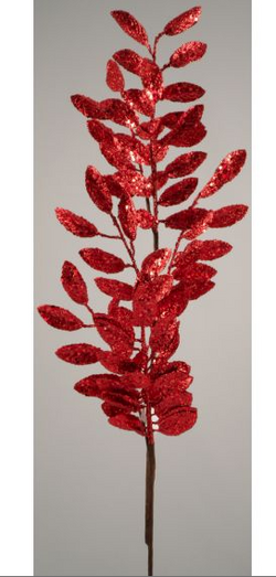 30" Red Glittered Leaf Spray