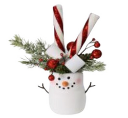 8.5" Peppermint and Cocoa Faux Candy Canes, Mashmallows, Berries and Mixed Pine in Snowman Pot