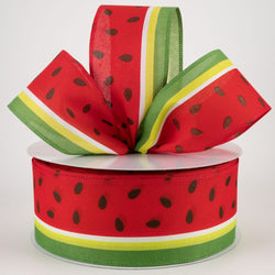 2.5"x50yd Watermelon Slice Stiped Wired Edge Ribbon-Red, black, white, green