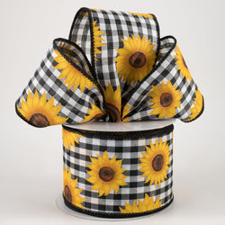 2.5"x10YD Sunflowers on Black and White Gingham Check Wired Edge ribbon