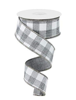 Plaid Check Wired Edge Ribbon - 10 Yards (Grey, White, 2.5")