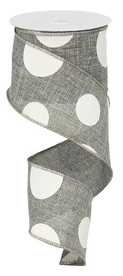 2.5"X10yd Large Multi Dots--White on Grey--Wired Edge Ribbon