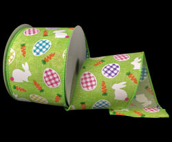 2.5" X 10yd Easter Wired Linen Printed Bunnies with Gingham Eggs Ribbon on Green